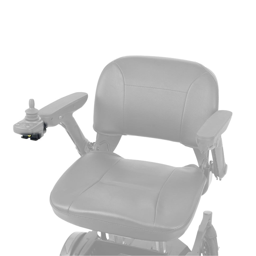 MBH-0062 joystick mounting bracket area shown in color under the joystick on the Golden Buzzaround CarryOn GP130, rest of the chair greyed out