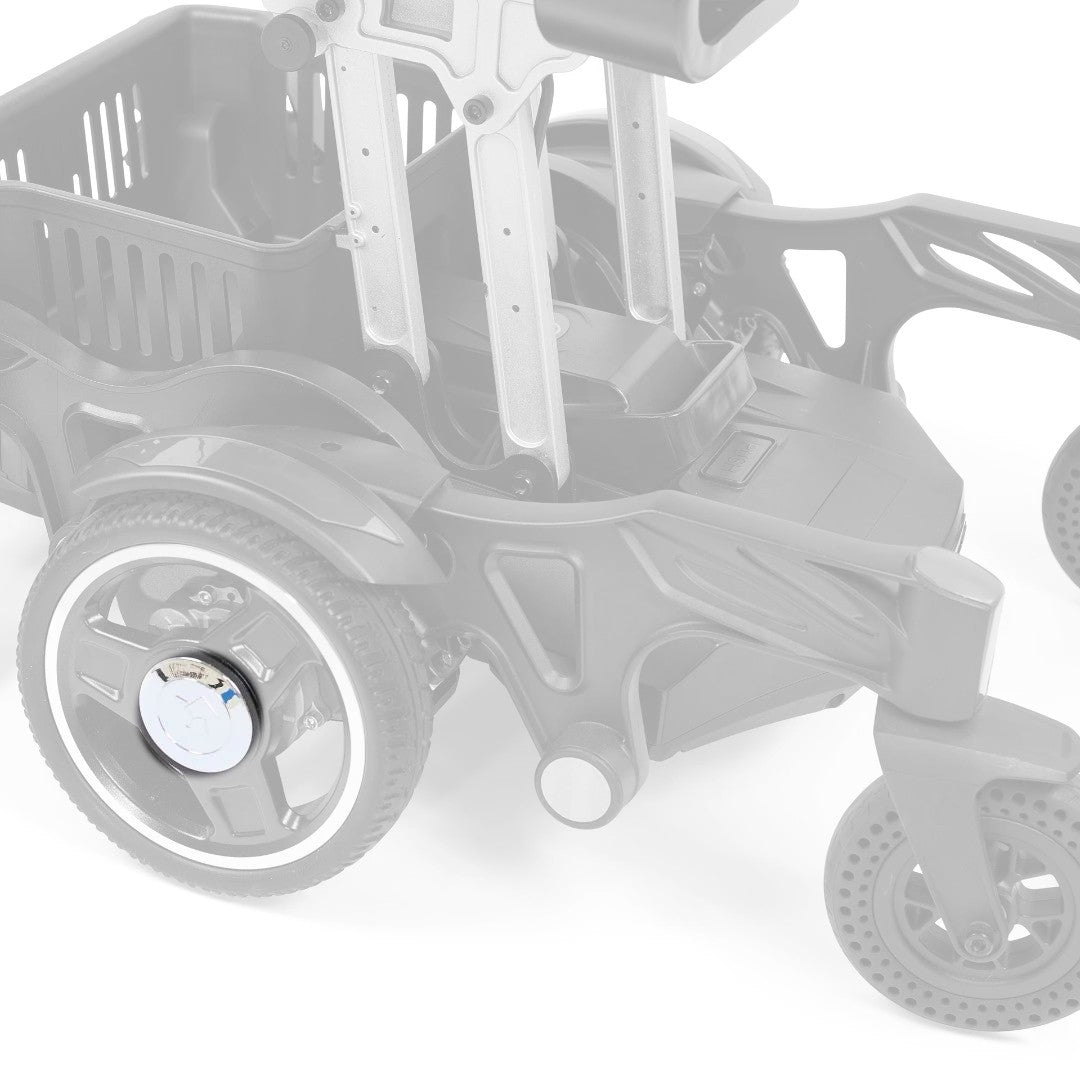 Golden Buzzaround CarryOn GP130 power chair with the MBH-0063 drive wheel hub cap shown in color and the rest of the chair greyed out