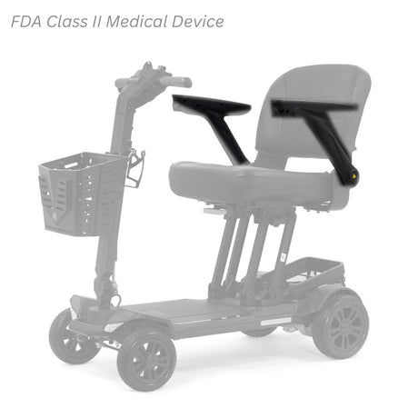 MBS-0043 left and MBS-0042 right seat arms shown in color on the Golden Buzzaround CarryOn HD GB220, rest of the scooter greyed out