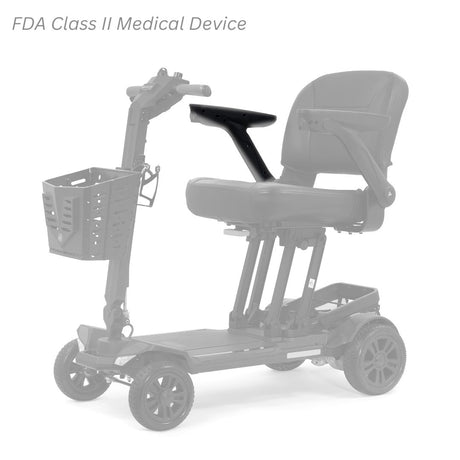 MBS-0042 right seat arm shown in color on the Golden Buzzaround CarryOn HD GB220, rest of the scooter greyed out