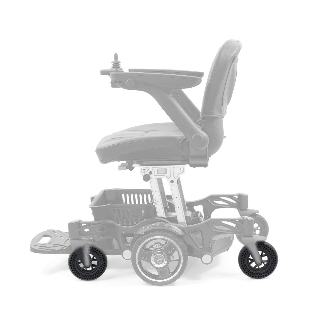 Side view of the Golden Buzzaround CarryOn GP130 with the front and rear MBW-0036 caster wheels in color, rest of the chair greyed out