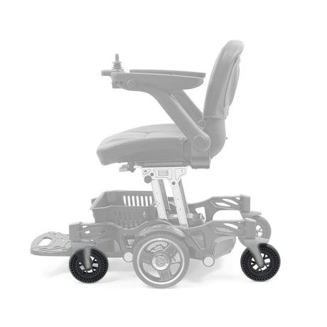 Side view of the Golden Buzzaround CarryOn GP130 with the front and rear MBW-0036 caster wheels in color, rest of the chair greyed out