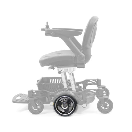 Side view of the Golden Buzzaround CarryOn GP130 with the MBW-0037 center drive wheel in color, rest of the chair greyed out