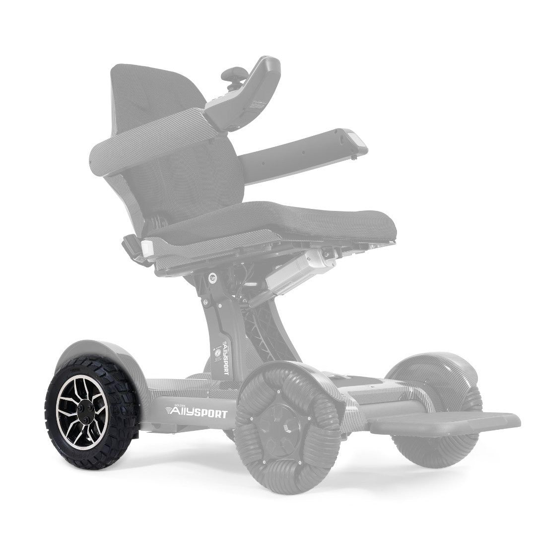 MBW-0043 right pneumatic drive wheel shown in color on the Golden Ally Sport GP305, rest of the chair greyed out