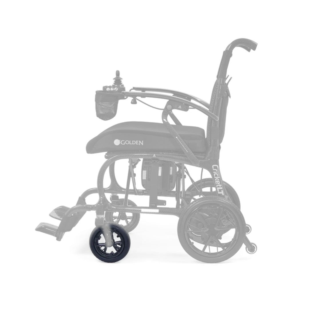 MBW-0059 front caster wheel shown in color on the Golden Cricket LT Carbon GP309, rest of the chair greyed out