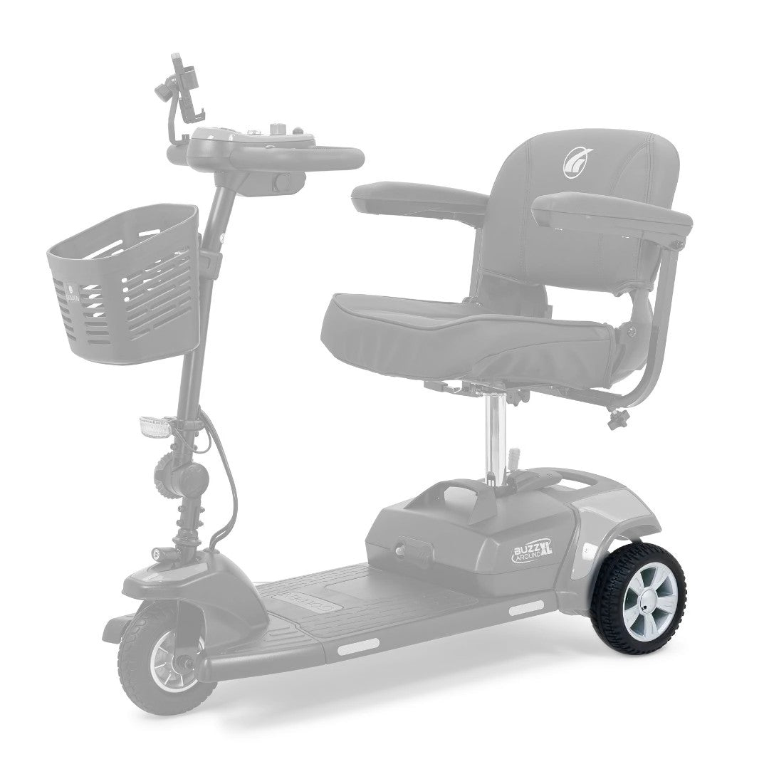 MBW-121A-RWA 8 inch rear wheel shown in color on the Golden Buzzaround XL 3-Wheel GB121, rest of the scooter greyed out