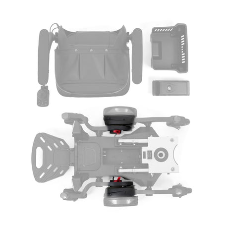 Top view of the Golden Buzzaround CarryOn GP130 base with both drive motors (MBX-0007 right, MBX-0008 left) in color, rest of the chair greyed out