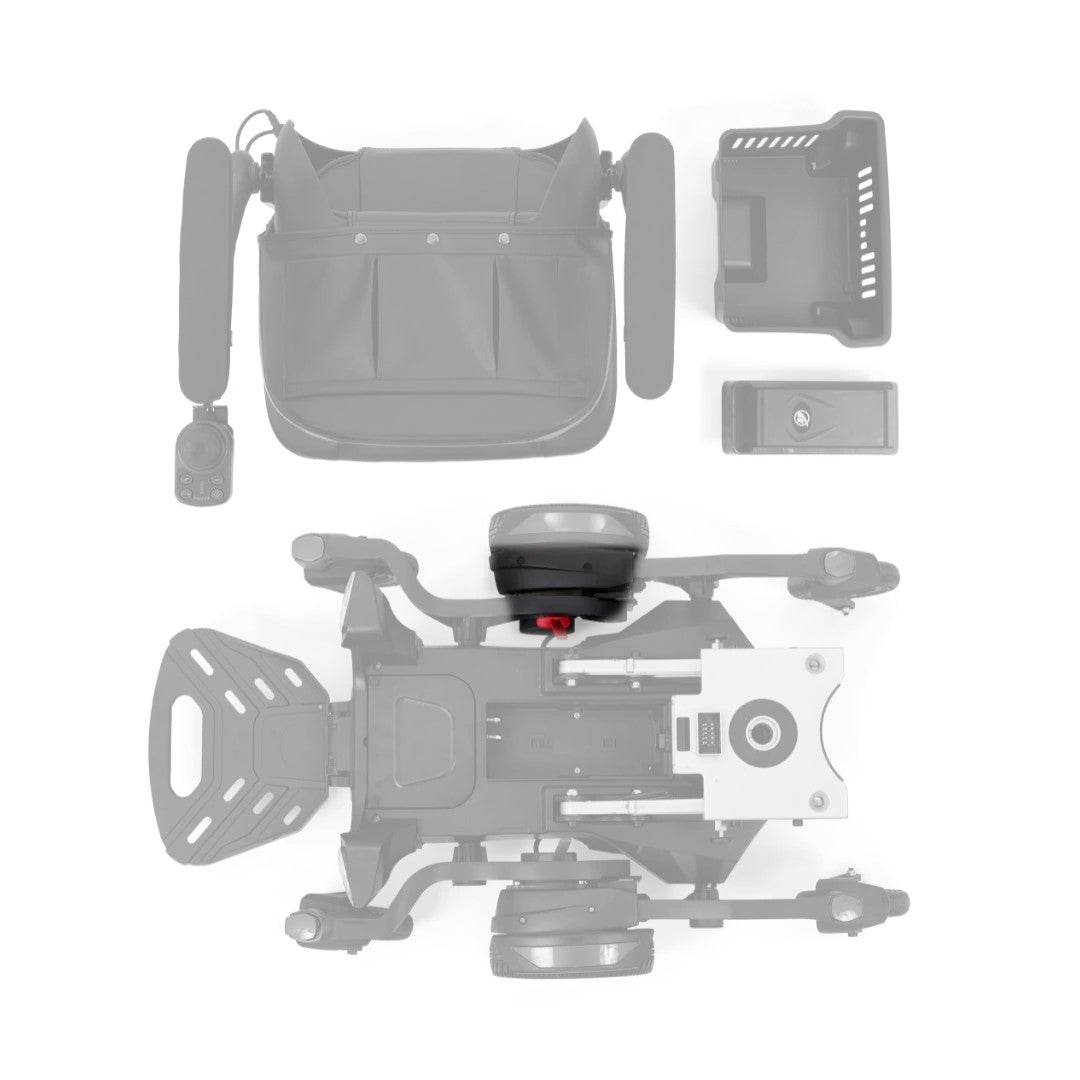 Right drive motor MBX-0007 shown in color on the Golden Buzzaround CarryOn GP130 base (top view), rest of the chair greyed out