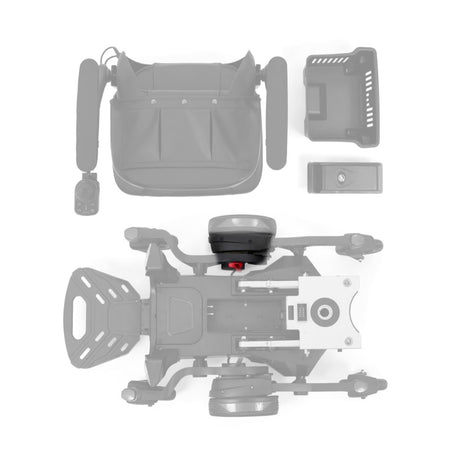 Right drive motor MBX-0007 shown in color on the Golden Buzzaround CarryOn GP130 base (top view), rest of the chair greyed out