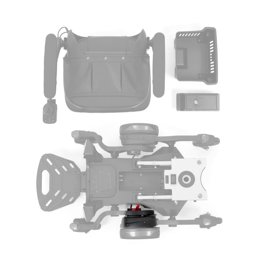 Left drive motor MBX-0008 shown in color on the Golden Buzzaround CarryOn GP130 base (top view), rest of the chair greyed out