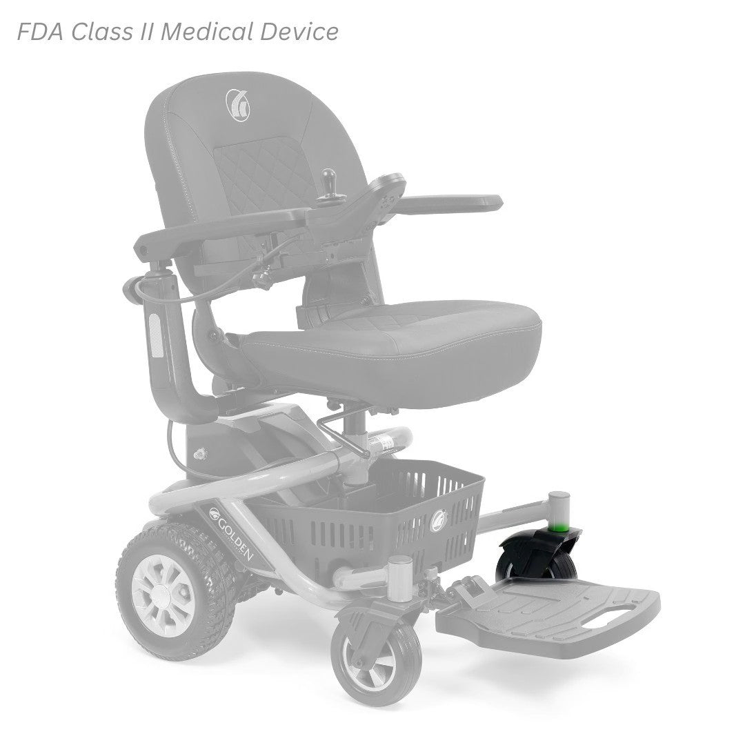 MBX-162B-CWA-L left caster fork assembly shown in color on the Golden LiteRider Envy GP162, rest of the chair greyed out