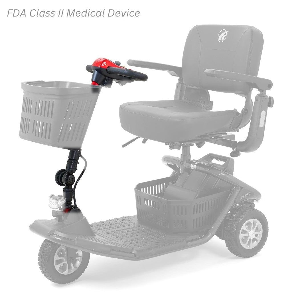 Red complete tiller shown in color on the Golden LiteRider 3-Wheel GL111, rest of the scooter greyed out