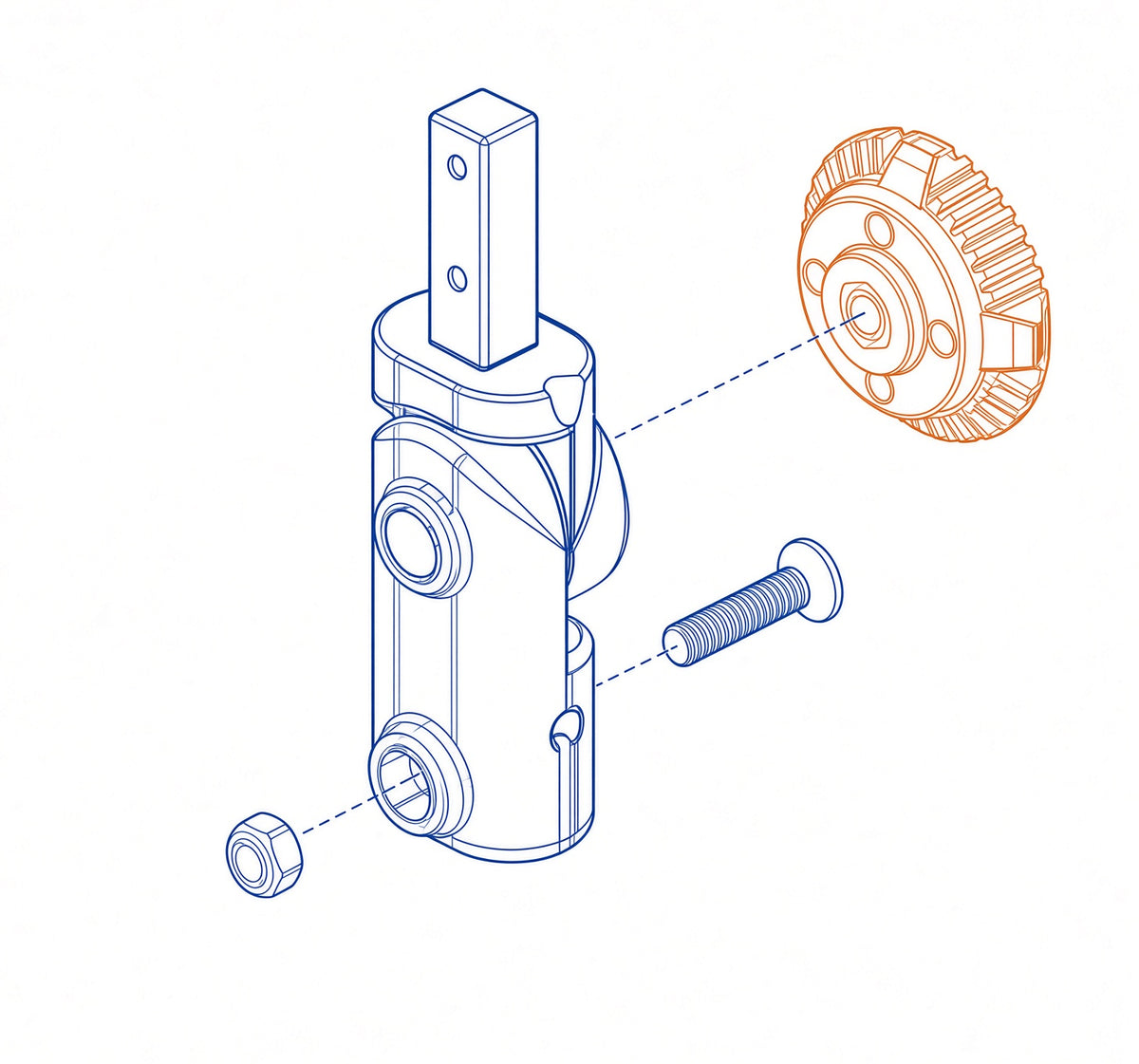 Parts diagram of the Pride MEC1705499 upper and lower tiller pivot assembly and adjustment knob for the Pride Revo 2.0