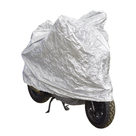 Premium Medium Weatherproof Scooter Cover protecting a motorcycle, wrapping the entire body, including a close-up of the tire, kickstand, and bolts, suitable for 125cc to 200cc scooters.