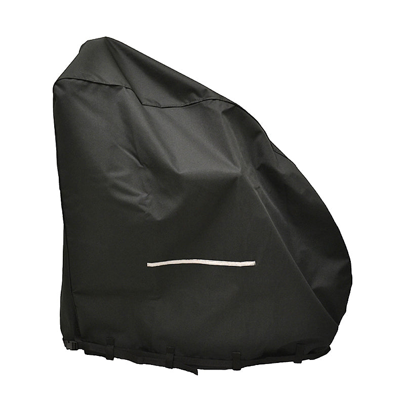 Medium Heavy Duty Weatherproof Cover for Power Chairs shown, black in color, made from durable polyester with PVC backing, featuring a reflective strip for visibility and webbing loops for secure attachment.