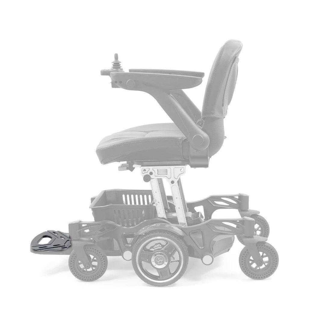 Golden Buzzaround CarryOn GP130 power chair with the MFA-0103 footplate shown in color and the rest of the chair greyed out
