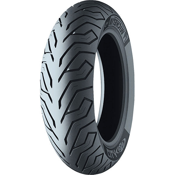 Michelin 120/70-14 City Grip Premium Scooter Tire, showcasing a close-up of its black tread designed for optimal traction and control in various weather conditions.