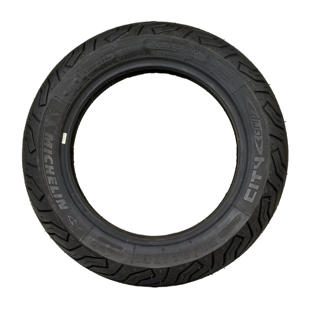 Michelin 130/70-12 City Grip Reinforced Scooter Tire, showcasing deep tread patterns for enhanced handling and durability, designed for large-displacement touring scooters.