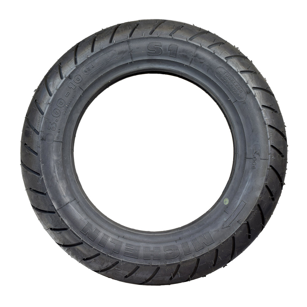 Michelin 3.00-10 S1 Performance Scooter Tire featuring prominent tread blocks and a directional design for enhanced durability and handling.