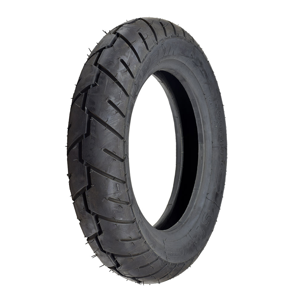 Michelin 3.50-10 S1 Performance Scooter Tire showcasing close-up of its large tread blocks and directional design, highlighting durability and superb wear resistance.