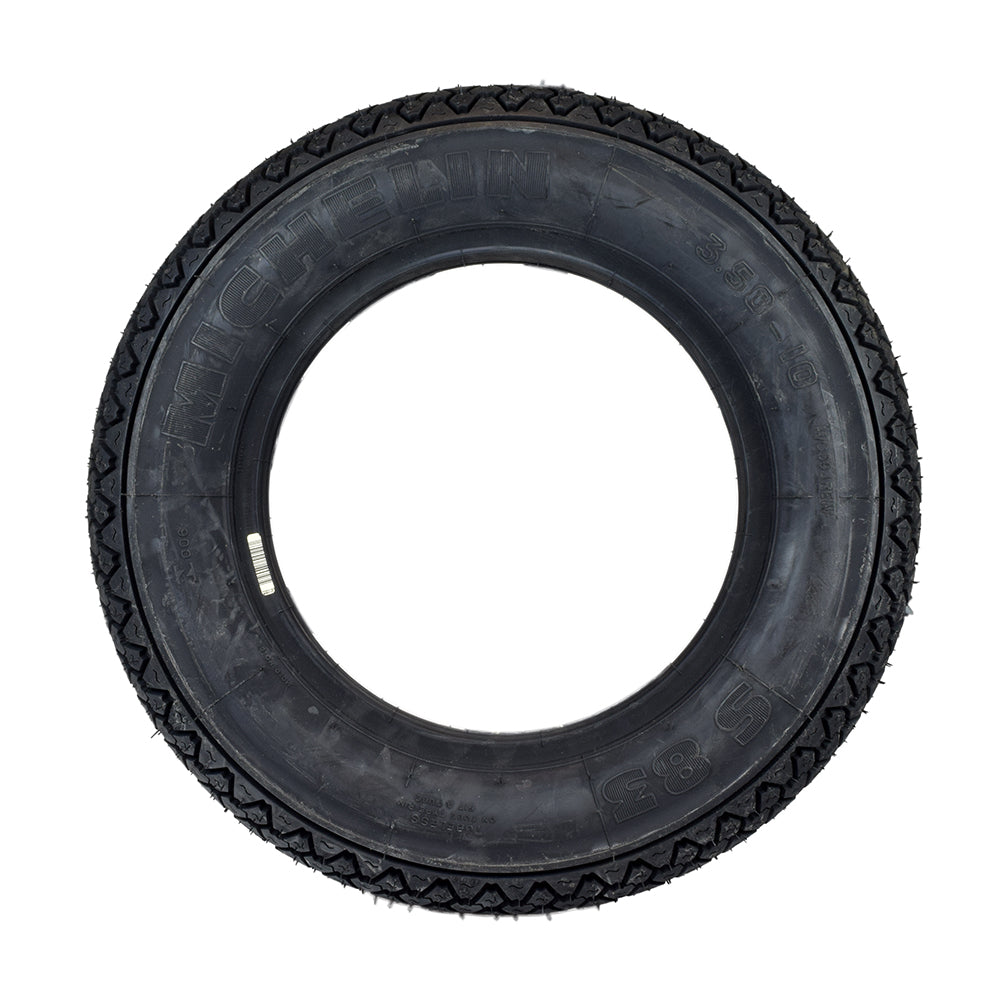 Michelin 3.50-10 S83 Retro Scooter Tire, a black tire featuring classic Euro-scooter design, showcasing modern materials and durability.