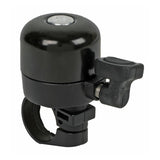 Mini Handlebar Bell: Close-up of a black bell with a metal ring designed for bikes and scooters, showcasing its compact and practical design by Sunlite.