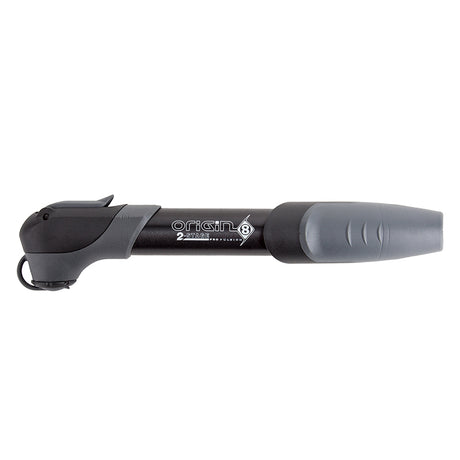 Close-up of the Origin8 Air-Surge MTN 2-Stage Frame Mini Tire Pump with a black cylinder design and ergonomic handle, ideal for cyclists and scooterists for efficient on-the-go tire inflation.