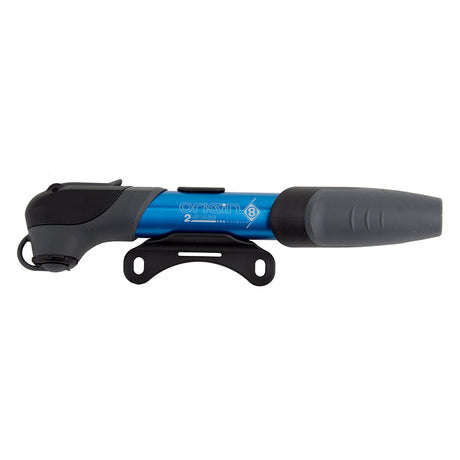 Origin8 Air-Surge MTN 2-Stage Frame Mini Tire Pump, featuring a blue and grey design with an ergonomic handle, ideal for cyclists and scooterists to efficiently address flat tires on the go.