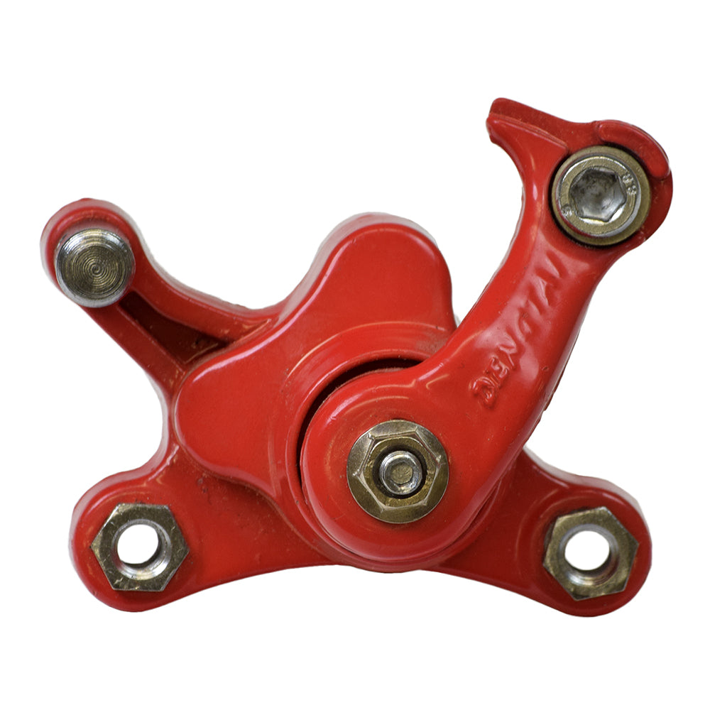 Red Brake Caliper Assembly with Right Arm, featuring a metal structure and visible screws, designed for compatibility with scooters, go-karts, and pocket bikes equipped with disc brakes.