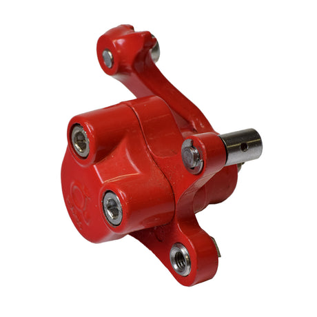 Red Brake Caliper Assembly with Right Arm, featuring metal construction and visible screws, designed for compatibility with most scooters, go-karts, and pocket bikes with disc brakes.