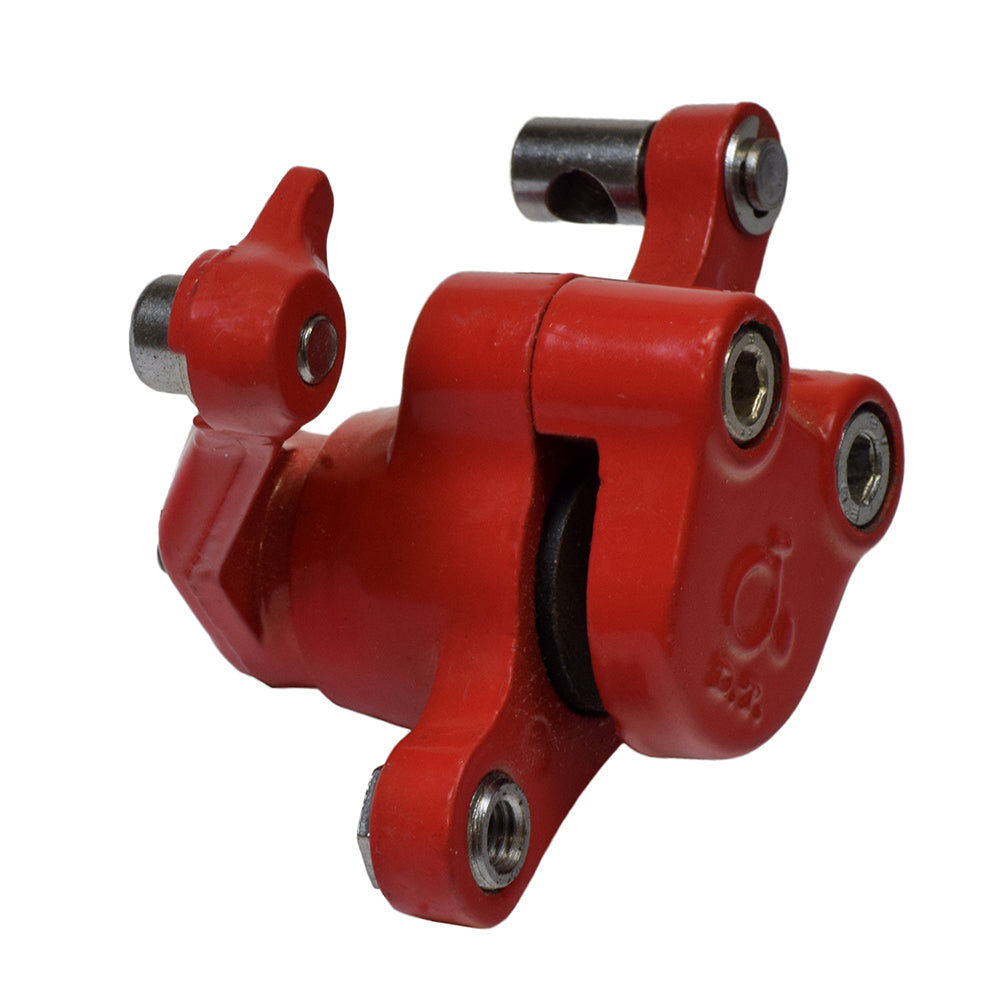 Red Brake Caliper Assembly with Right Arm, featuring a red metal device with visible screws, designed for universal fit on scooters, go-karts, and pocket bikes with disc brakes.