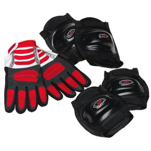 Minimoto Gear Pack - Gloves, Elbow Pads, and Knee Pads: Youth-sized, featuring a pair of black gloves, black elbow pads, and black knee pads with visible logo.