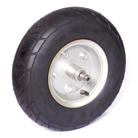 Minimoto Maxii Front Tire and Rim Assembly, featuring a black tire with distinct tread and a silver rim, designed for the Honda Minimoto Maxii 400 pocket bike.