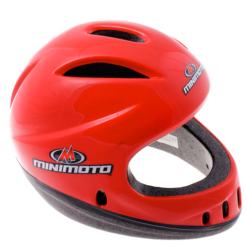 Minimoto Open Face Helmet featuring ventilation holes and a visible logo, designed for ATV, Go Kart, and sport racing. Note: Not DOT approved for motorized scooters or motorcycles.