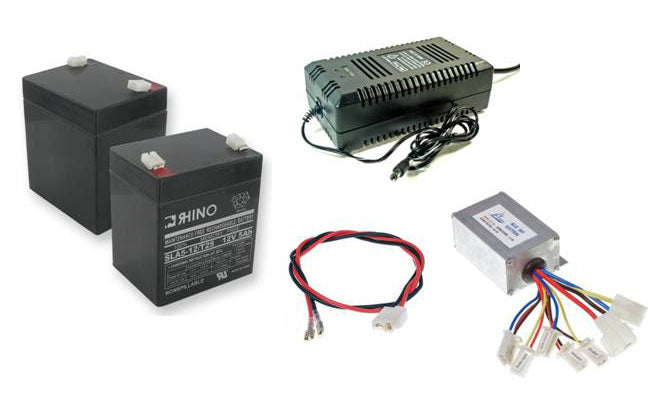 Minimoto Sport Racer 18 Volt to 24 Volt Conversion Kit showing black batteries, wires, and a controller needed for upgrading your Minimoto Sport Racer from 18 volts to 24 volts.