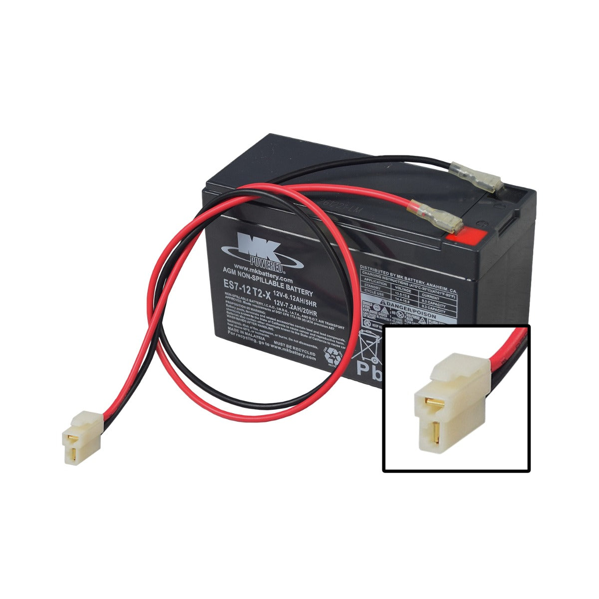 7 Ah 12 Volt Battery for the Minimoto Hybrid, featuring a sealed lead acid design, with attached wires and a white connector visible. Ideal for replacing weak batteries.