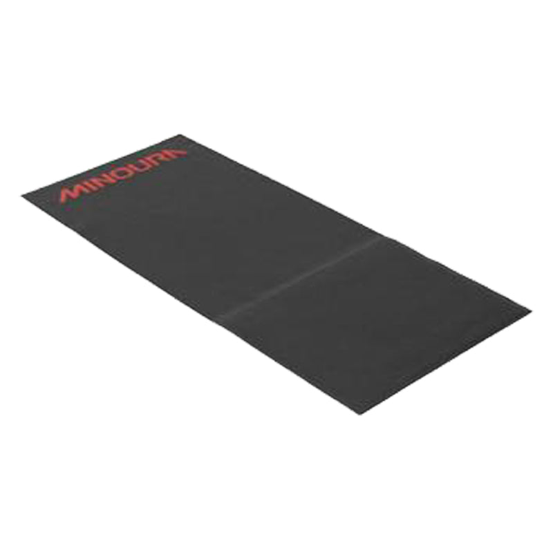 Minoura Training Bicycle Training Mat III showing black mat with red text, designed to protect floors and reduce trainer vibration, ideal for use with training bicycles.