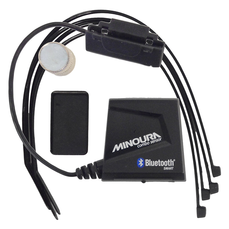 Minoura Bluetooth Speed & Cadence Sensor, a black electronic device with attached wires, designed for cyclists to monitor speed and cadence via Bluetooth on their smartphones.