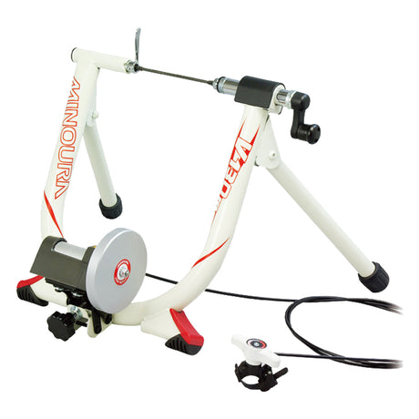 Minoura LR340 Live Ride Bicycle Trainer featuring a sturdy steel frame and single Neodymium magnet, designed for a smooth, quiet indoor cycling experience with adjustable resistance levels and a quick-release remote shifter.