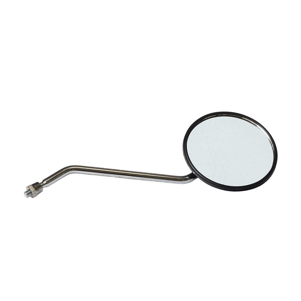 Rear View Mirror for Pride Mobility Scooters, featuring a round mirror with a metal arm, designed for adjustable mounting on either side of the scooter's tiller, enhancing safety and convenience.