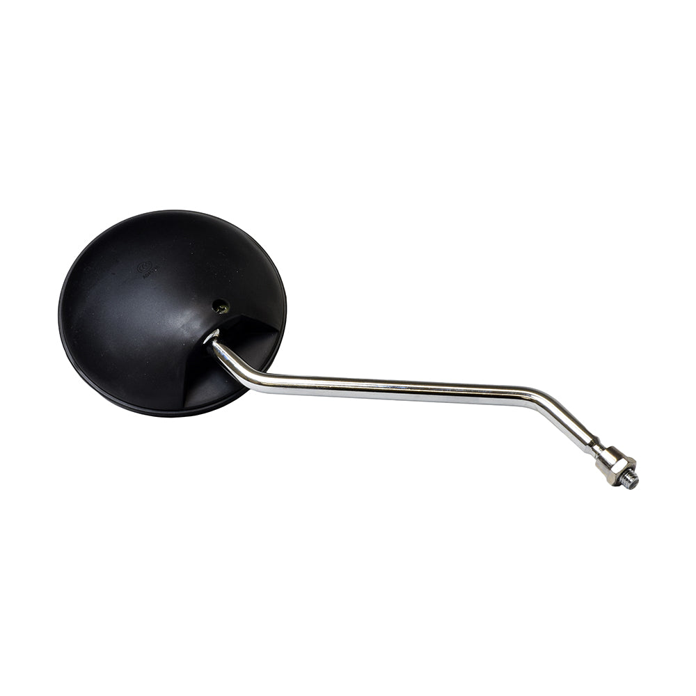 Rear View Mirror for Pride Mobility Scooters: a black round mirror with a long metal arm, designed for adjustable mounting on either side of the scooter's tiller, enhancing safety and convenience.