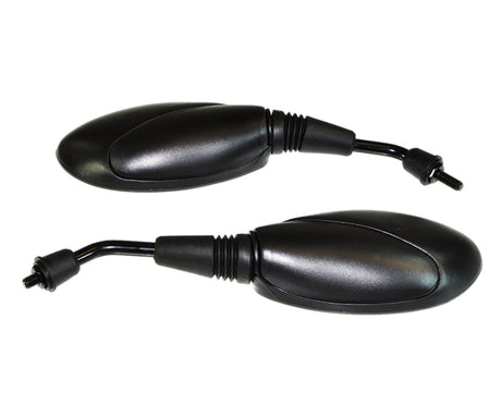 Left and Right Black Scooter Mirror Set with 8 mm Threads, featuring a sleek black finish, designed to fit various motor scooter models, shown as a matching pair on a white background.