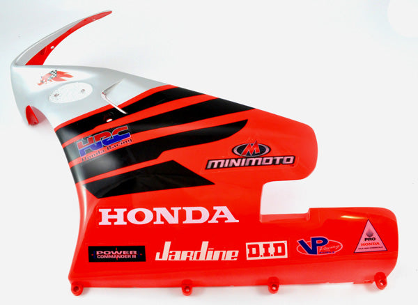 Minimoto Sport Racer Body Panel - Left Side, featuring a sleek design with white text, ideal for replacing the left side fairing on the Minimoto Sport Racer. Mounting hardware not included.