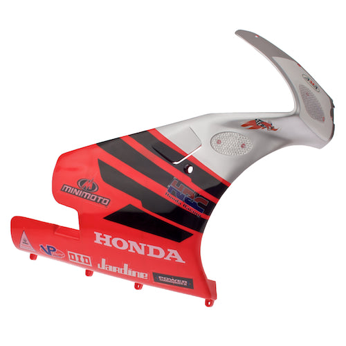 Minimoto Sport Racer Body Panel - Right Side, featuring a red and black design with a silver handle, suitable for replacement on the Minimoto Sport Racer. Mounting hardware not included.