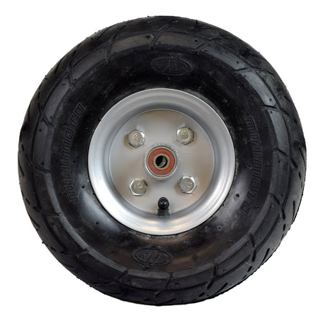 Minimoto Sport Racer Front Wheel Assembly - 10x3.50-4, featuring a black tire with a silver rim and visible nuts and bolts.