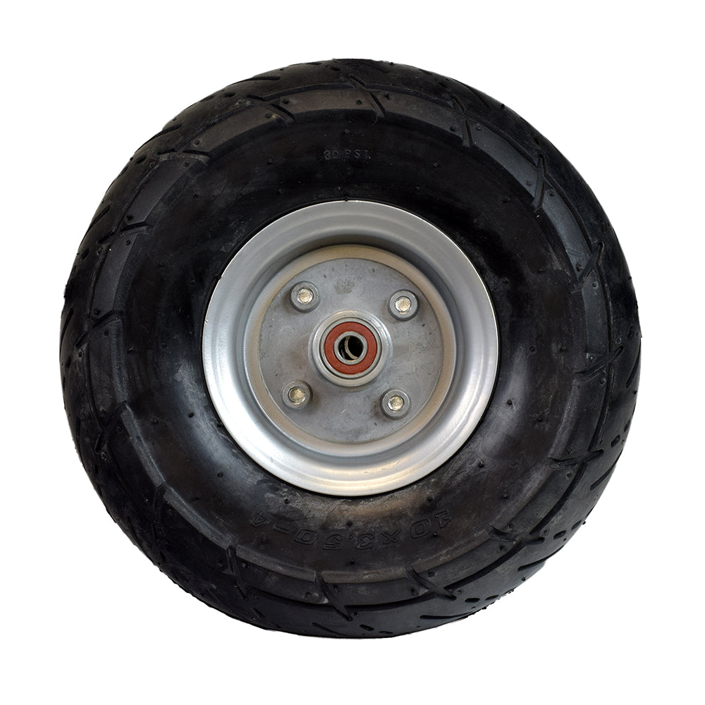 Minimoto Sport Racer Front Wheel Assembly - 10x3.50-4, featuring a tire with prominent tread, metal rim, and red center hubcap. Close-up showcases the detailed circular design and tire structure.