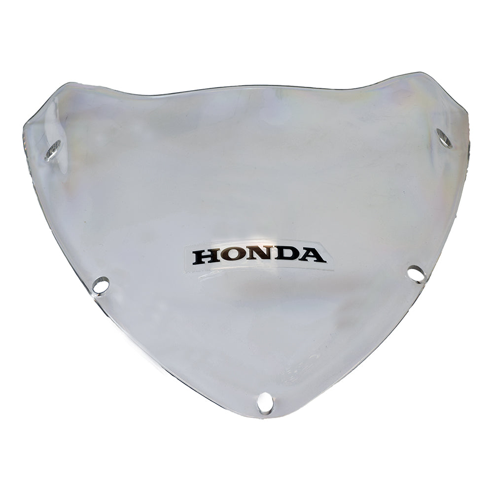 Minimoto Sport Racer Windshield, clear plastic with holes and black text, featuring a close-up logo and black letters.