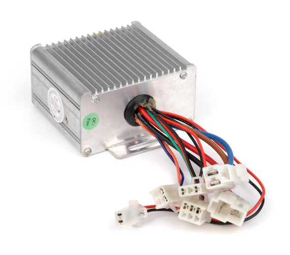 36 Volt Speed & Voltage Controller for Minimoto XRF500 (OEM), showing a metal box with wires and electronic components, highlighting a close-up of intricate electrical wiring and circuit elements.