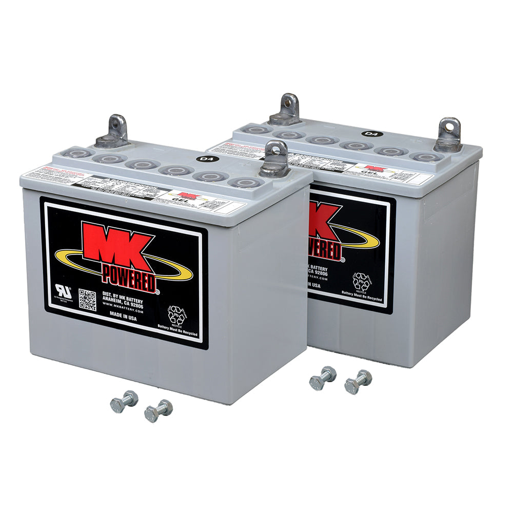 Two grey U1 (31.6 Ah) 24 Volt MU-1 SLD G Gel Mobility Scooter Batteries with black labels and L-style terminal posts, displayed side by side.