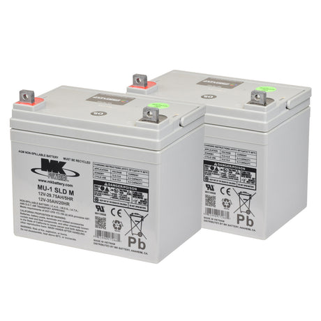 Merits Battery Pack - Set of 2 U1 (35 Ah) AGM Scooter Batteries: Two grey batteries with black labels and post terminals, designed for Merits mobility scooters.